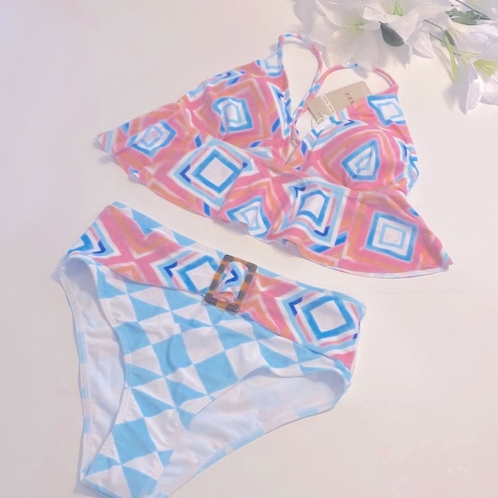 NWT SCSKC High Waisted Swimsuits Ruffled Crossback Tankini Top Sw 2 Piece